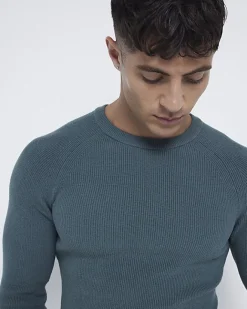River Island muscle fit rib jumper Green Clearance