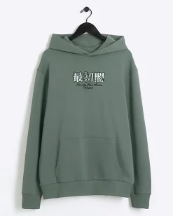 River Island Regular Fit Graphic Print Hoodie Green Outlet