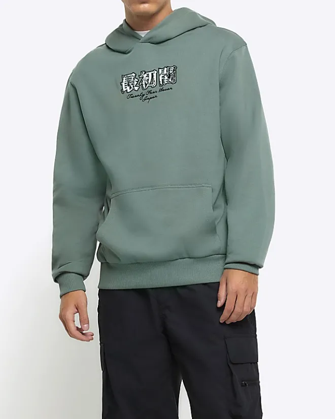 River Island Regular Fit Graphic Print Hoodie Green Outlet