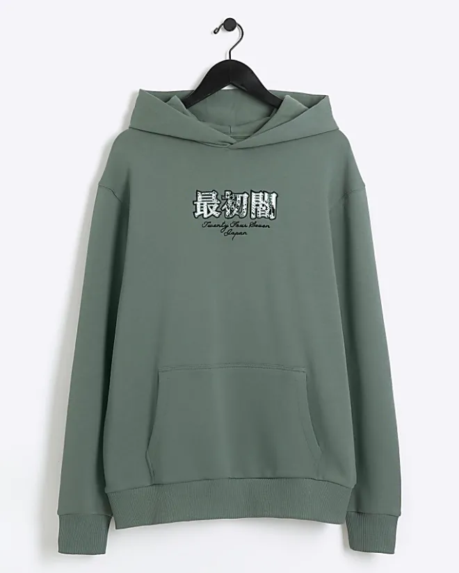 River Island Regular Fit Graphic Print Hoodie Green Outlet