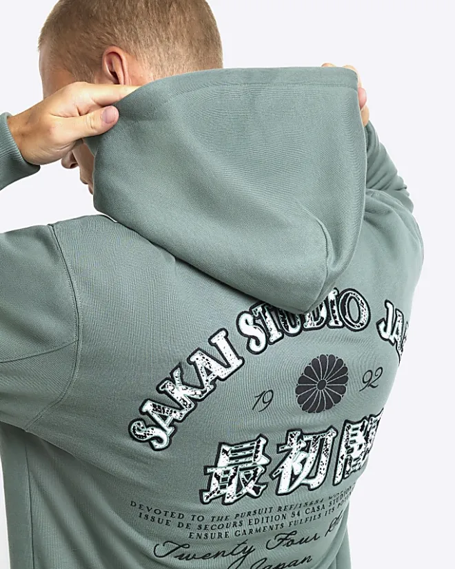 River Island Regular Fit Graphic Print Hoodie Green Outlet