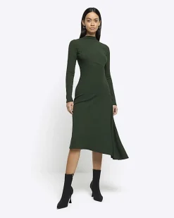 River Island rib asymmetric bodycon midi dress Green Sale