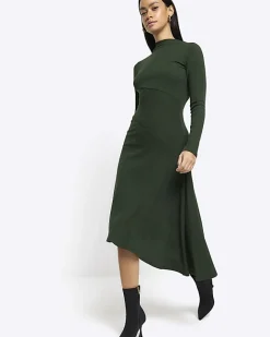 River Island rib asymmetric bodycon midi dress Green Sale