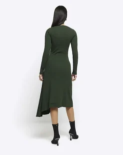 River Island rib asymmetric bodycon midi dress Green Sale