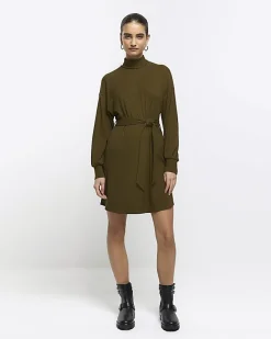 River Island rib belted jumper mini dress Green Discount
