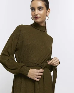 River Island rib belted jumper mini dress Green Discount