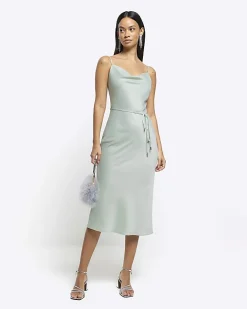 River Island satin cowl neck slip midi dress Green Online