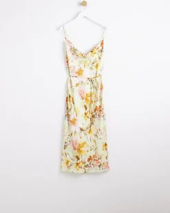 River Island satin floral cowl neck slip midi dress Green Hot