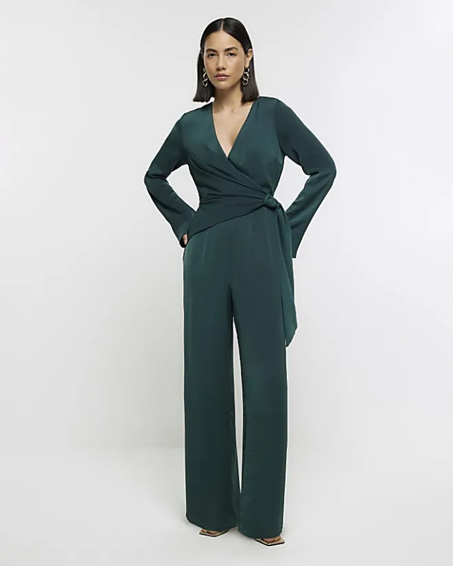 River Island satin knot detail jumpsuit Green Sale