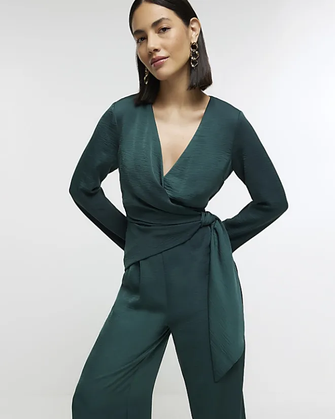 River Island satin knot detail jumpsuit Green Sale