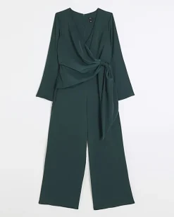 River Island satin knot detail jumpsuit Green Sale