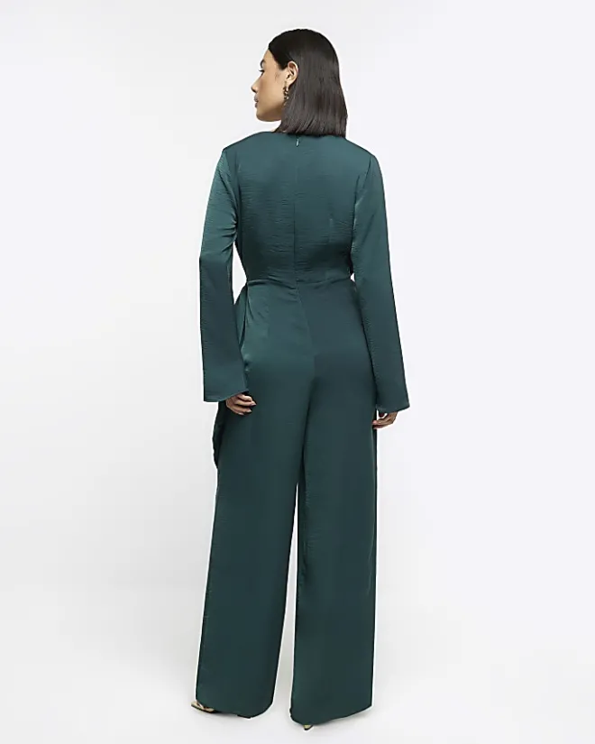 River Island satin knot detail jumpsuit Green Sale