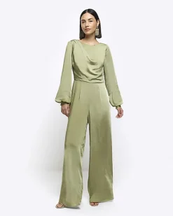 River Island satin open back jumpsuit Green Online