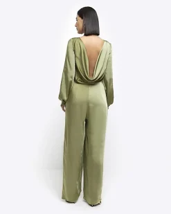 River Island satin open back jumpsuit Green Online