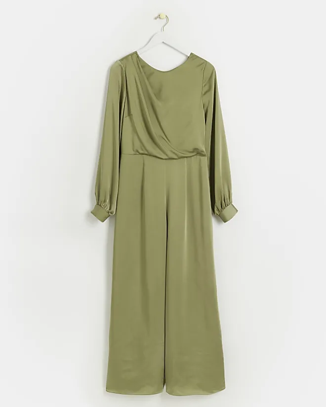 River Island satin open back jumpsuit Green Online