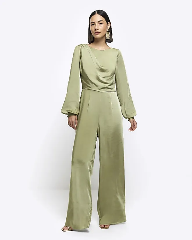 River Island satin open back jumpsuit Green Online