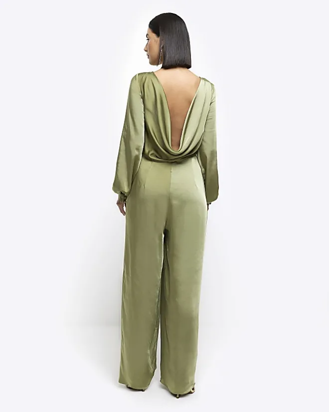 River Island satin open back jumpsuit Green Online