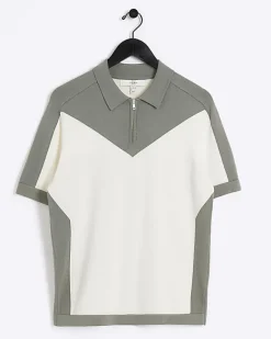 River Island slim fit colour block knit polo Green Fashion