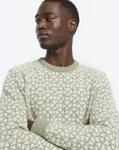 River Island slim fit jacquard crew jumper Green Hot