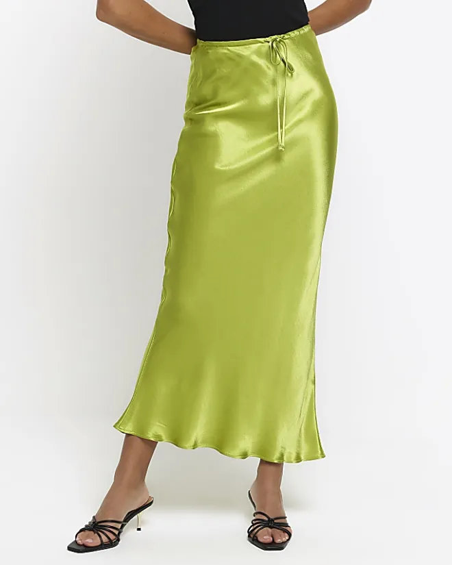 River Island tie waist midi skirt Green Outlet