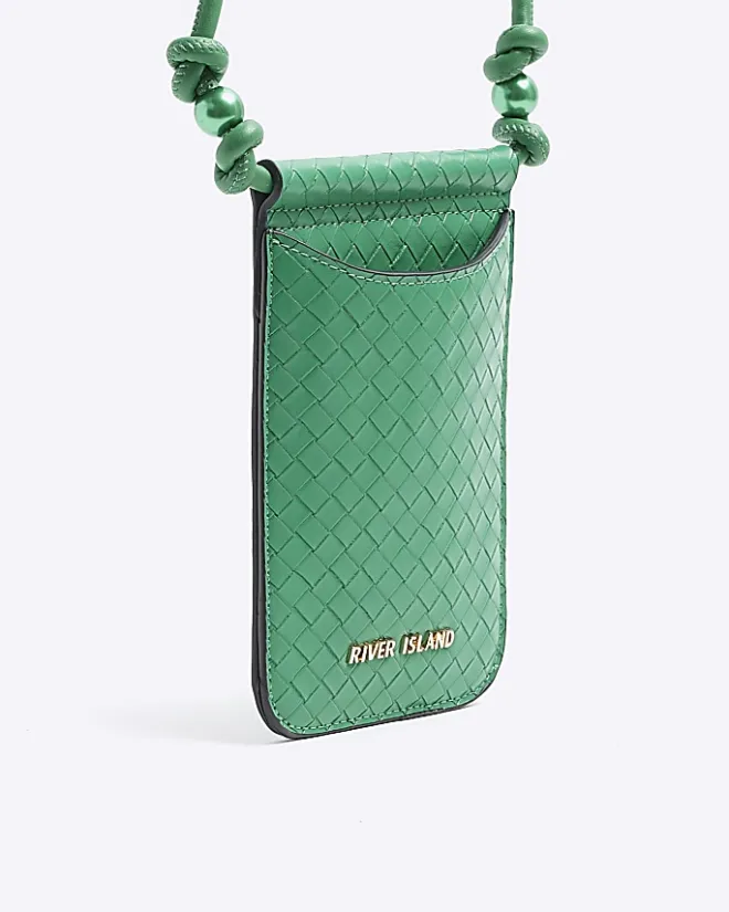 River Island weave phone cross body bag Green Clearance