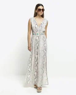 River Island animal print plunge jumpsuit Grey Outlet