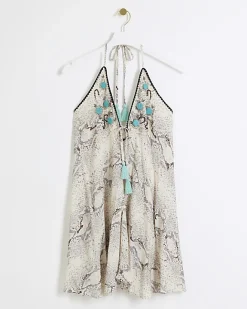 River Island animal print plunge beach mini dress Grey Clearance