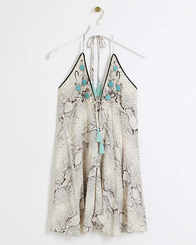 River Island animal print plunge beach mini dress Grey Clearance