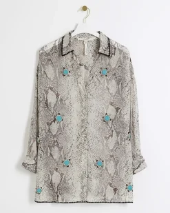 River Island animal print sheer beach shirt Grey Clearance