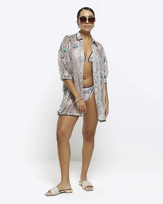River Island animal print sheer beach shirt Grey Clearance