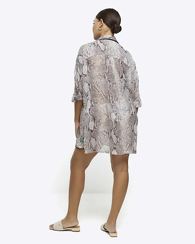 River Island animal print sheer beach shirt Grey Clearance