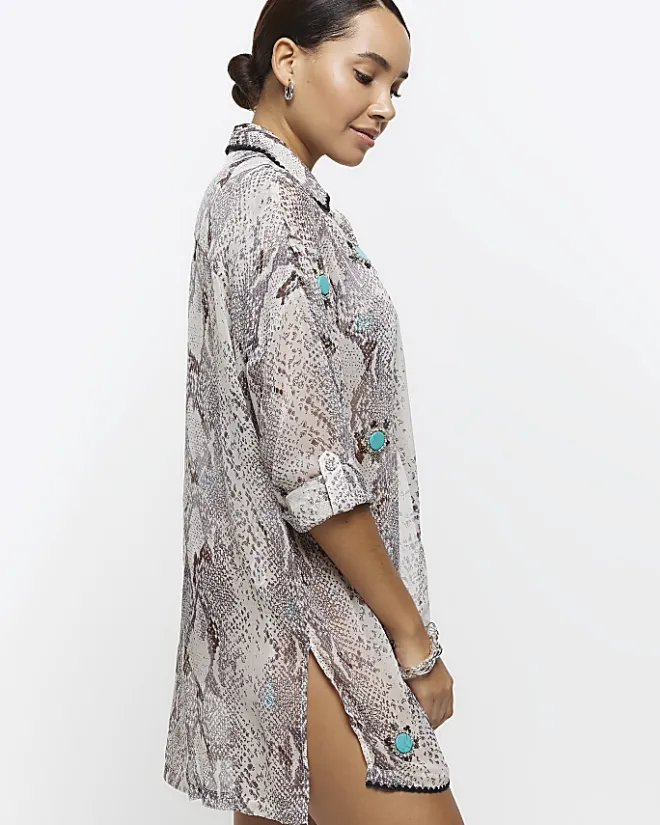 River Island animal print sheer beach shirt Grey Clearance