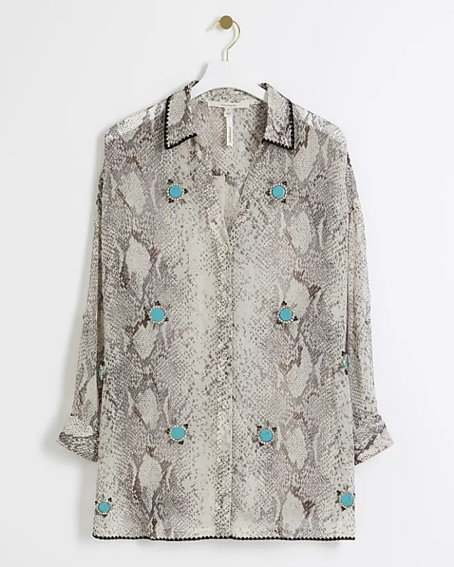 River Island animal print sheer beach shirt Grey Clearance