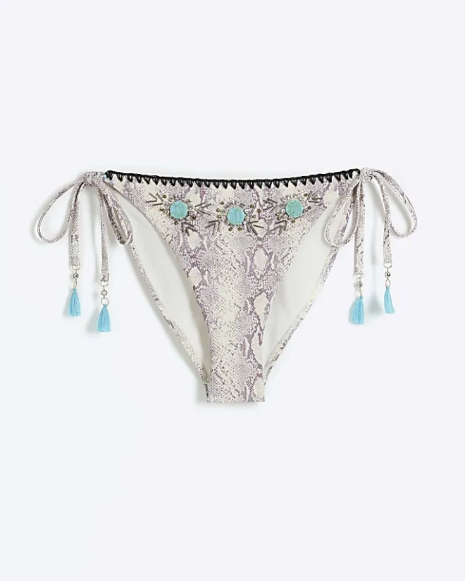River Island animal print tie side bikini bottoms Grey Sale