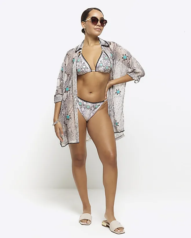 River Island animal print tie side bikini bottoms Grey Sale