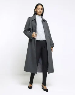 River Island belted longline trench coat Grey Best