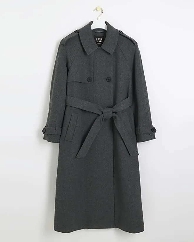 River Island belted longline trench coat Grey Best