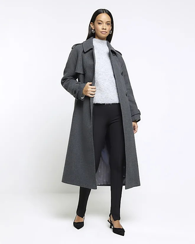 River Island belted longline trench coat Grey Best