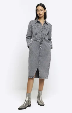 River Island button front denim midi shirt dress Grey Best