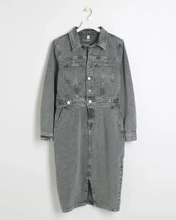 River Island button front denim midi shirt dress Grey Best