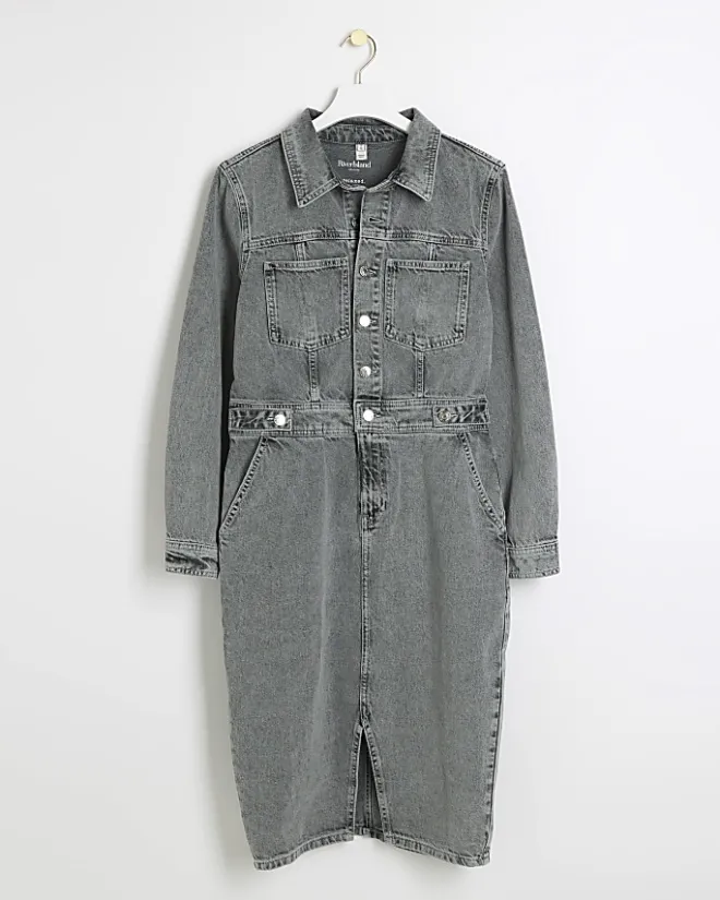 River Island button front denim midi shirt dress Grey Best