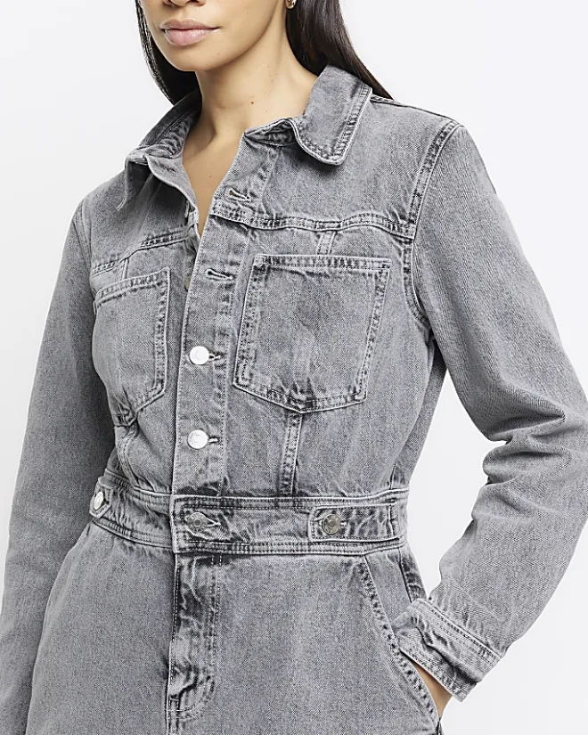 River Island button front denim midi shirt dress Grey Best