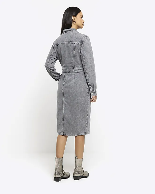 River Island button front denim midi shirt dress Grey Best