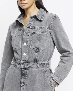 River Island button front denim midi shirt dress Grey Best