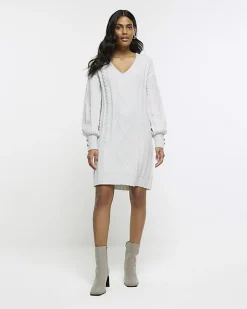 River Island cable knit jumper mini dress Grey Hot