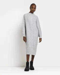 River Island cable knit jumper midi dress Grey New