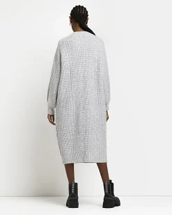 River Island cable knit jumper midi dress Grey New
