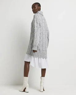 River Island cable knit mini jumper shirt dress Grey Best