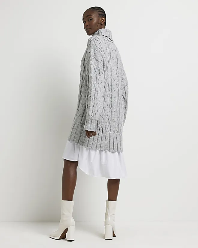 River Island cable knit mini jumper shirt dress Grey Best