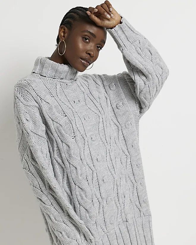 River Island cable knit mini jumper shirt dress Grey Best